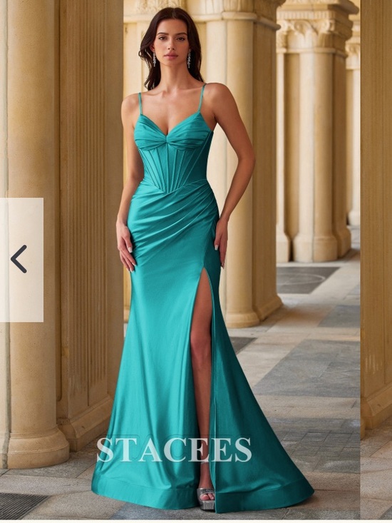 Stacees Dresses & Skirts - NWT | Stacees | Mermaid Teal Spaghetti Strap Ruched Corset Prom Dress with Slit